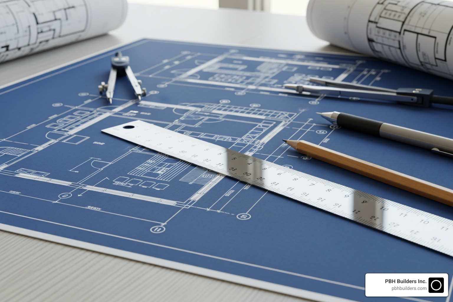 architectural blueprint laid out on a table - La Jolla General Contractors