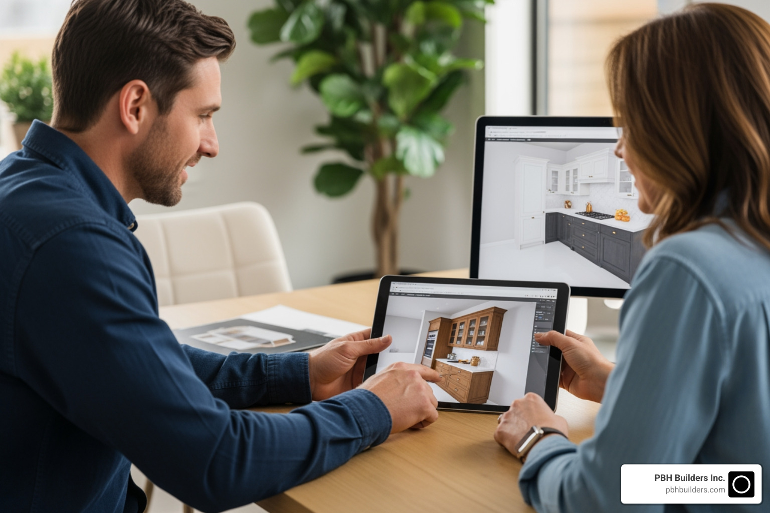 designer and homeowner reviewing 3d cabinet renderings - custom cabinetry san diego