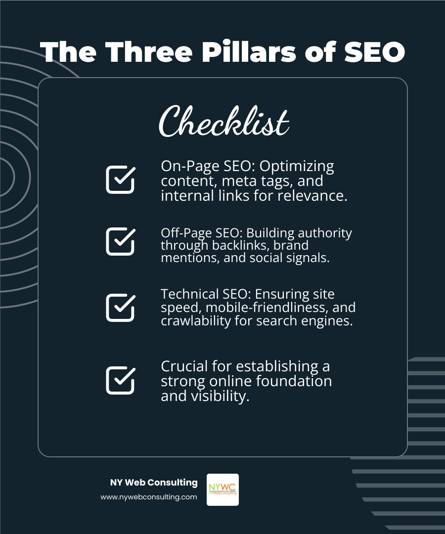 Infographic showing three pillars: On-Page SEO (content optimization, meta tags, internal linking), Off-Page SEO (backlinks, brand mentions, social signals), and Technical SEO (site speed, mobile optimization, crawlability) - seo company manhattan infographic checklist-dark-blue Infographic showing three pillars: On-Page SEO (content optimization, meta tags, internal linking), Off-Page SEO (backlinks, brand mentions, social signals), and Technical SEO (site speed, mobile optimization, crawlability) - seo company manhattan infographic checklist-dark-blue