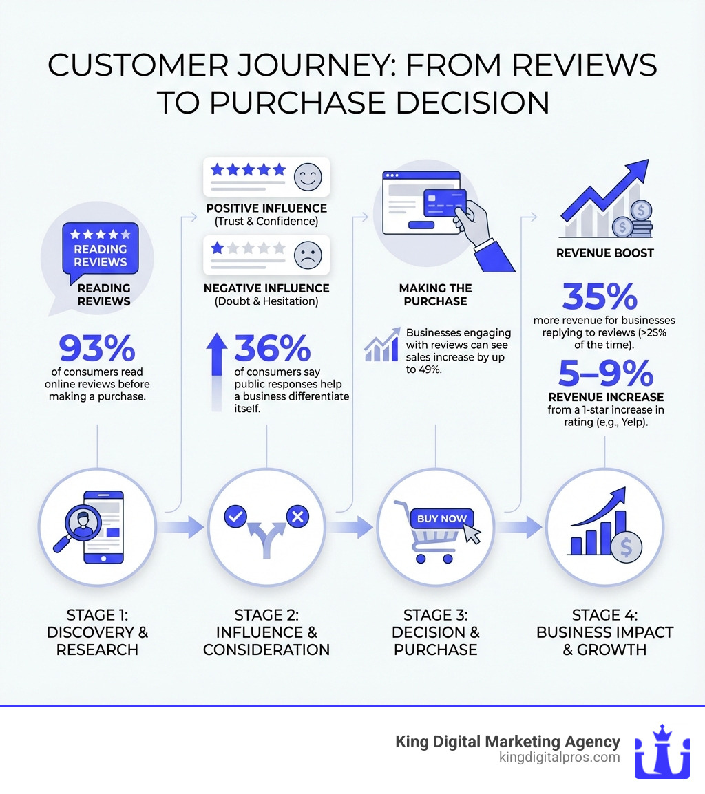 infographic showing the customer journey from reading reviews to making a purchase decision, including statistics on review influence and business revenue impact - Review Management Software infographic Infographic Showing The Customer Journey From Reading Reviews To Making A Purchase Decision, Including Statistics On Review Influence And Business Revenue Impact - Review Management Software Infographic