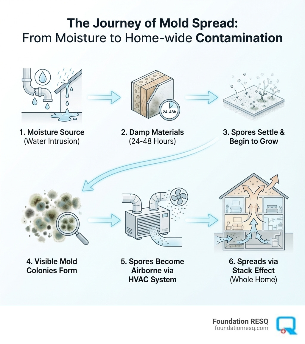 Infographic showing how mold spreads from a moisture source: starting with water intrusion (leaky pipe or roof leak), leading to damp building materials within 24-48 hours, mold spores settling and beginning to grow, visible mold colonies forming, spores becoming airborne through HVAC system, and finally spreading to other rooms throughout the home via the Stack Effect - free mold inspection tallahassee infographic 