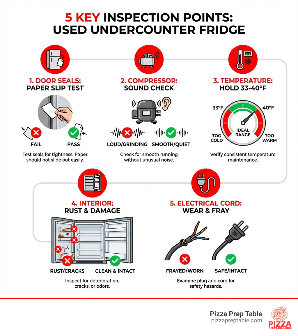 Infographic showing 5 key inspection points: 1) Test door seals with paper slip method, 2) Check compressor runs smoothly without loud grinding, 3) Verify temperature holds 33-40°F, 4) Inspect interior for rust or damage, 5) Examine electrical cord for fraying or wear - second hand fridge under counter infographic 