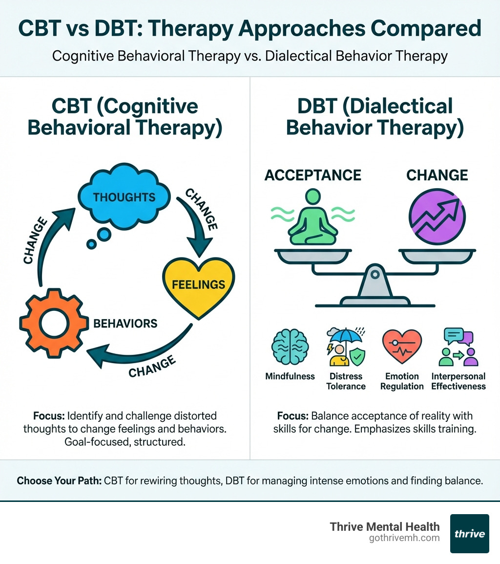 Infographic comparing CBT and DBT side-by-side: CBT shows a thought bubble connected to feelings and behaviors with arrows labeled 'change'; DBT shows a balance scale with 'acceptance' on one side and 'change' on the other, plus icons for mindfulness, distress tolerance, emotion regulation, and interpersonal effectiveness modules - cbt vs dbt infographic 