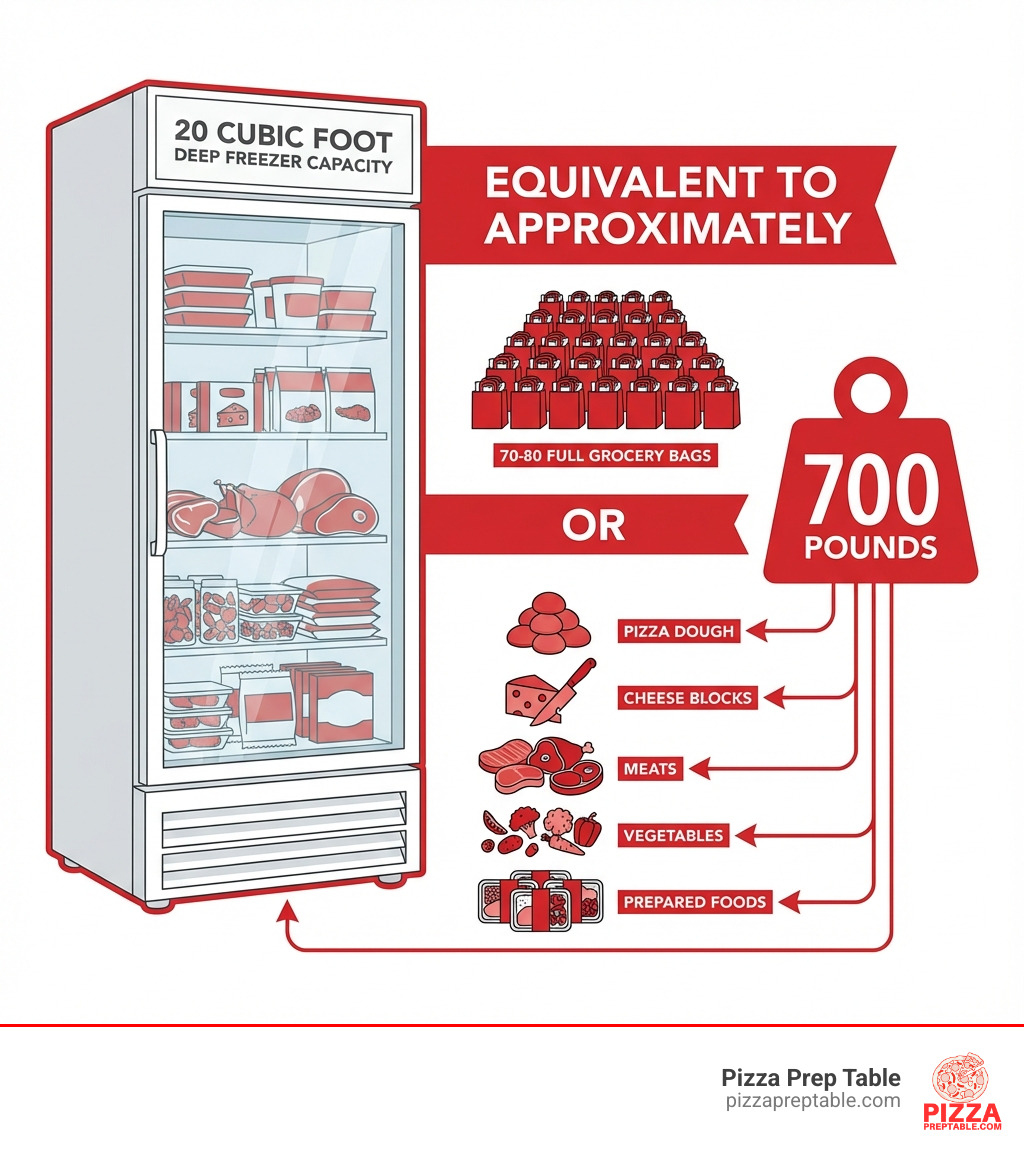 Infographic showing a 20 cubic foot freezer capacity compared to grocery bags, with approximately 70-80 full shopping bags or 700 pounds of frozen food items like pizza dough, cheese blocks, meats, vegetables, and prepared foods organized on shelves - 20 deep freezer infographic Infographic showing a 20 cubic foot freezer capacity compared to grocery bags, with approximately 70-80 full shopping bags or 700 pounds of frozen food items like pizza dough, cheese blocks, meats, vegetables, and prepared foods organized on shelves - 20 deep freezer infographic