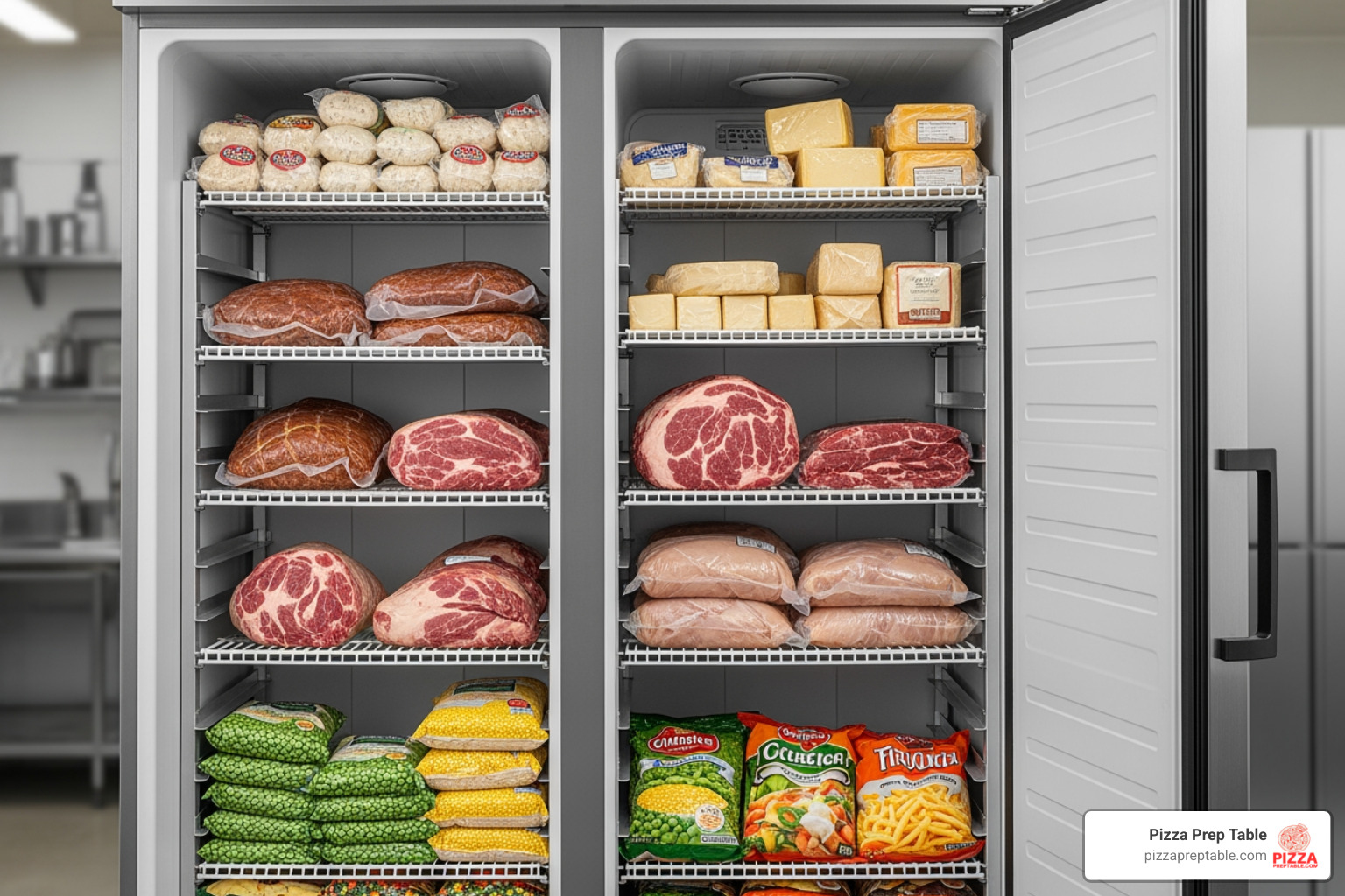 20 cubic foot commercial upright freezer filled with bulk food packages - 20 deep freezer 20 cubic foot commercial upright freezer filled with bulk food packages - 20 deep freezer