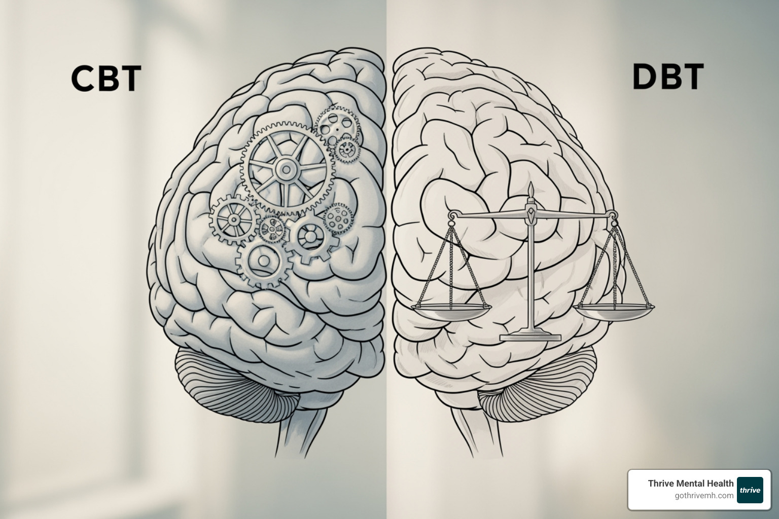 brain with interconnected gears for CBT and balance scale for DBT - cbt vs dbt