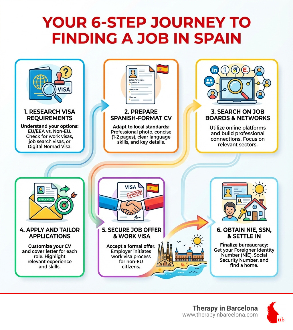 Infographic showing the 6-step process to finding a job in Spain: 1. Research visa requirements 2. Prepare Spanish-format CV 3. Search on job boards and networks 4. Apply and tailor applications 5. Secure job offer and work visa 6. Obtain NIE, Social Security Number, and settle in - jobs in spain infographic 