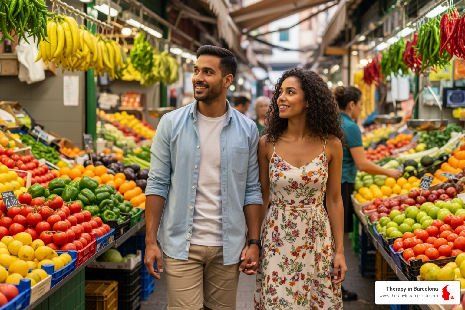 A couple navigating a bustling local food market in Valencia, smiling as they explore new sights and sounds together - Cross-cultural relationship issues