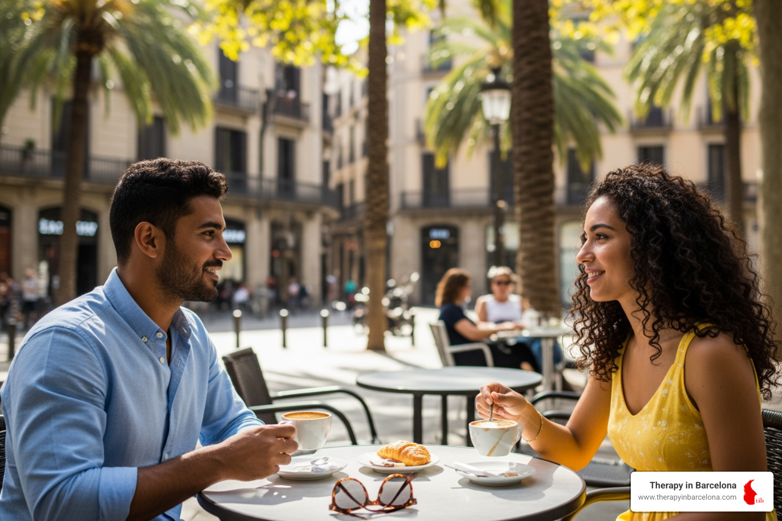 Diverse couple sharing coffee in a sunny Barcelona plaza - Cross-cultural relationship issues