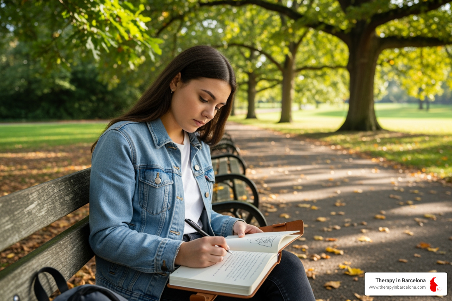 student sitting in a park in Valencia, writing in a journal - study abroad mental health student sitting in a park in Valencia, writing in a journal - study abroad mental health