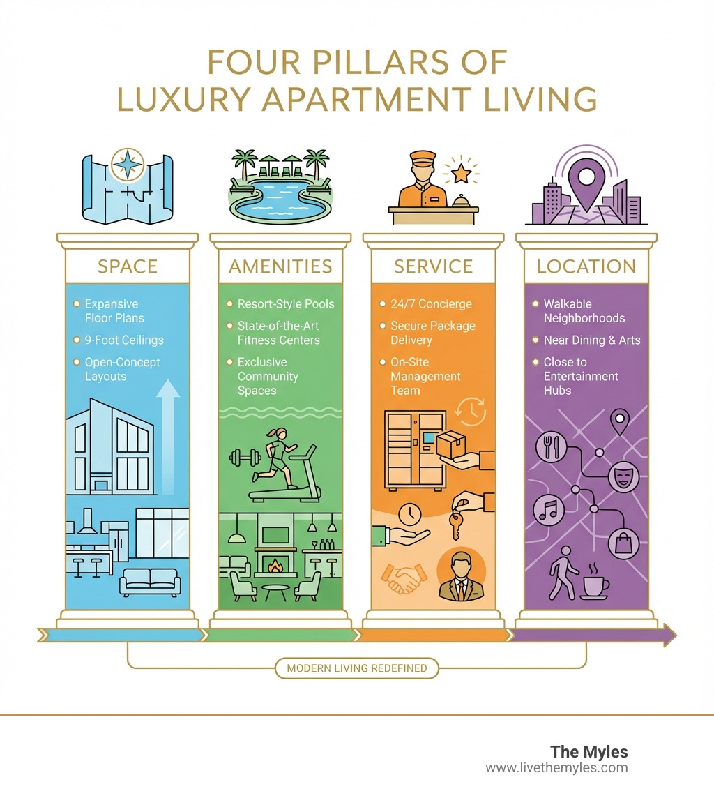 Infographic showing the four key pillars of luxury apartment living: 1) Space - expansive floor plans with 9-foot ceilings and open layouts, 2) Amenities - resort-style pools, fitness centers, and community spaces, 3) Service - 24/7 concierge, package delivery, and on-site management, 4) Location - walkable neighborhoods near dining, arts, and entertainment - luxury apartments for rent infographic 