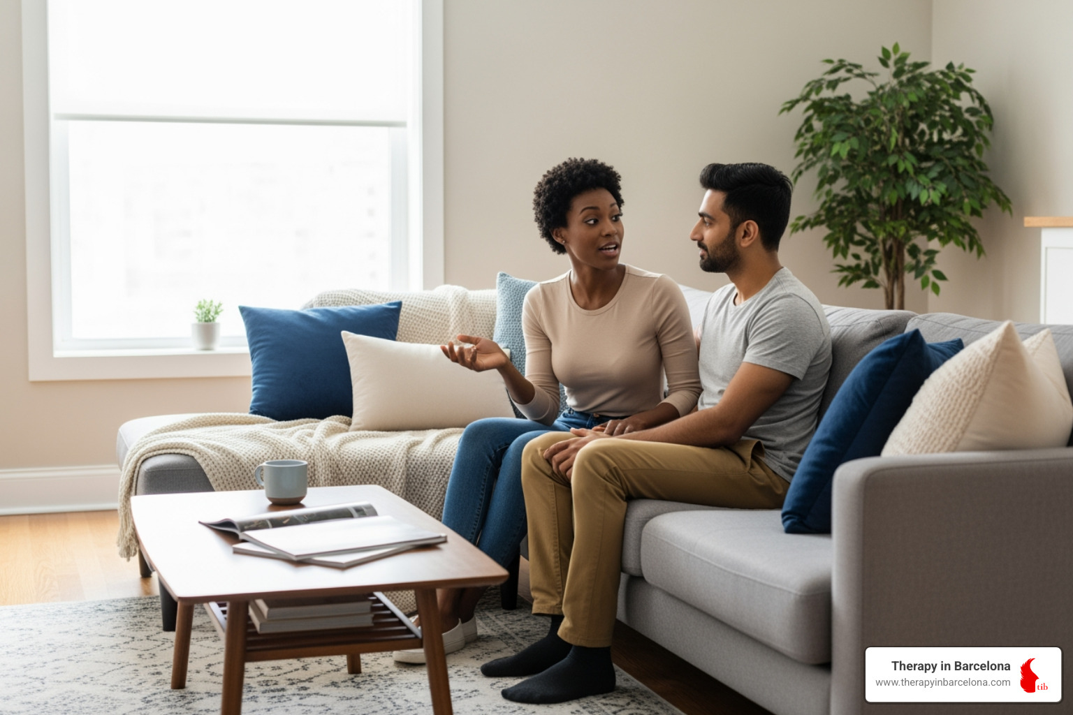 couple practicing active listening on a sofa - Couples communication skills