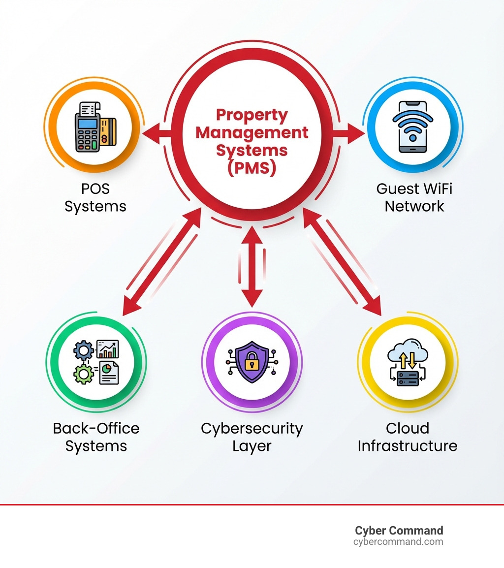 infographic showing hospitality IT ecosystem components: Property Management Systems at center, connected to POS Systems, Guest WiFi Network, Cybersecurity Layer, Back-Office Systems, and Cloud Infrastructure - it support for hospitality infographic infographic showing hospitality IT ecosystem components: Property Management Systems at center, connected to POS Systems, Guest WiFi Network, Cybersecurity Layer, Back-Office Systems, and Cloud Infrastructure - it support for hospitality infographic