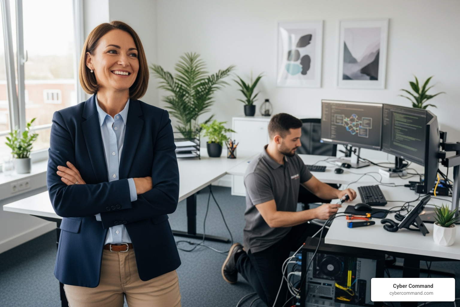 Business owner looking relieved while an IT technician works in the background - it services orlando Business owner looking relieved while an IT technician works in the background - it services orlando