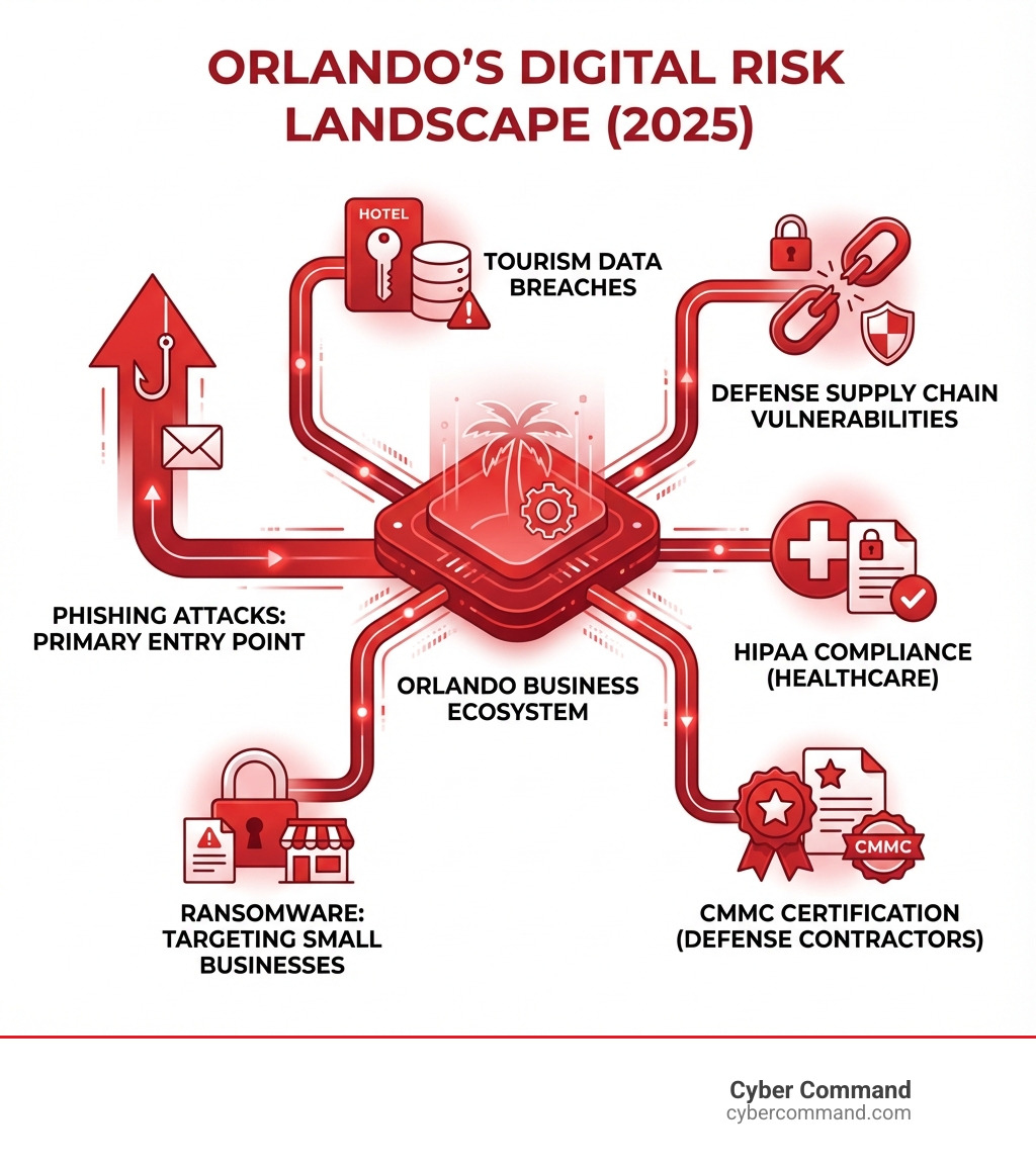Infographic showing key cybersecurity risks for Orlando businesses including tourism data breaches, defense supply chain vulnerabilities, ransomware targeting small businesses, HIPAA compliance requirements for healthcare, CMMC certification needs for defense contractors, and phishing attacks as the primary entry point - cyber security companies in orlando infographic Infographic showing key cybersecurity risks for Orlando businesses including tourism data breaches, defense supply chain vulnerabilities, ransomware targeting small businesses, HIPAA compliance requirements for healthcare, CMMC certification needs for defense contractors, and phishing attacks as the primary entry point - cyber security companies in orlando infographic
