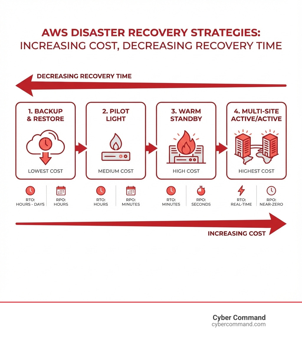 Infographic showing the four AWS disaster recovery strategies arranged by increasing cost and decreasing recovery time, with RTO/RPO metrics for each: Backup and Restore (hours-days RTO, hours RPO, lowest cost), Pilot Light (hours RTO, minutes RPO, medium cost), Warm Standby (minutes RTO, seconds RPO, high cost), and Multi-Site Active/Active (real-time RTO, near-zero RPO, highest cost) - aws backup disaster recovery infographic Infographic showing the four AWS disaster recovery strategies arranged by increasing cost and decreasing recovery time, with RTO/RPO metrics for each: Backup and Restore (hours-days RTO, hours RPO, lowest cost), Pilot Light (hours RTO, minutes RPO, medium cost), Warm Standby (minutes RTO, seconds RPO, high cost), and Multi-Site Active/Active (real-time RTO, near-zero RPO, highest cost) - aws backup disaster recovery infographic