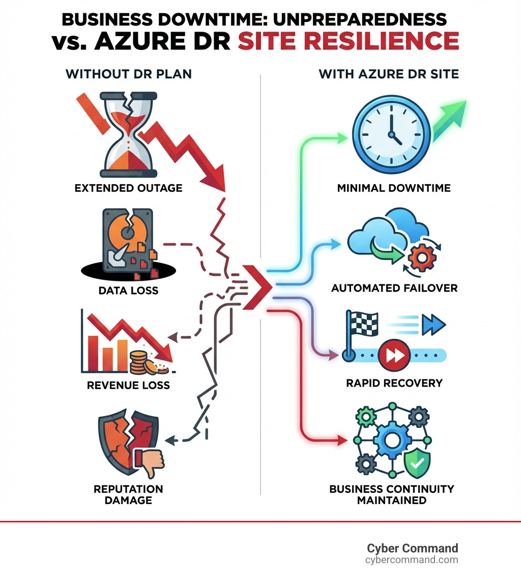 Infographic showing business downtime costs: Without DR plan - extended outage, data loss, revenue loss, reputation damage. With Azure DR site - minimal downtime, automated failover, rapid recovery, business continuity maintained - azure dr site infographic 