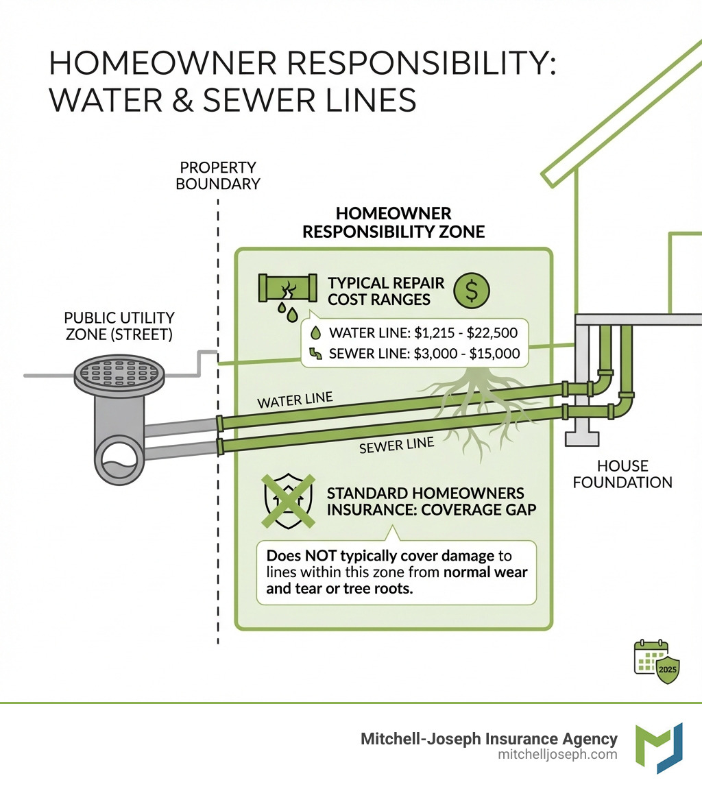 infographic showing homeowner responsibility zone for water and sewer lines from property boundary to house foundation, with typical repair cost ranges and coverage gap in standard homeowners insurance - is exterior water and sewer line insurance worth it infographic infographic showing homeowner responsibility zone for water and sewer lines from property boundary to house foundation, with typical repair cost ranges and coverage gap in standard homeowners insurance - is exterior water and sewer line insurance worth it infographic