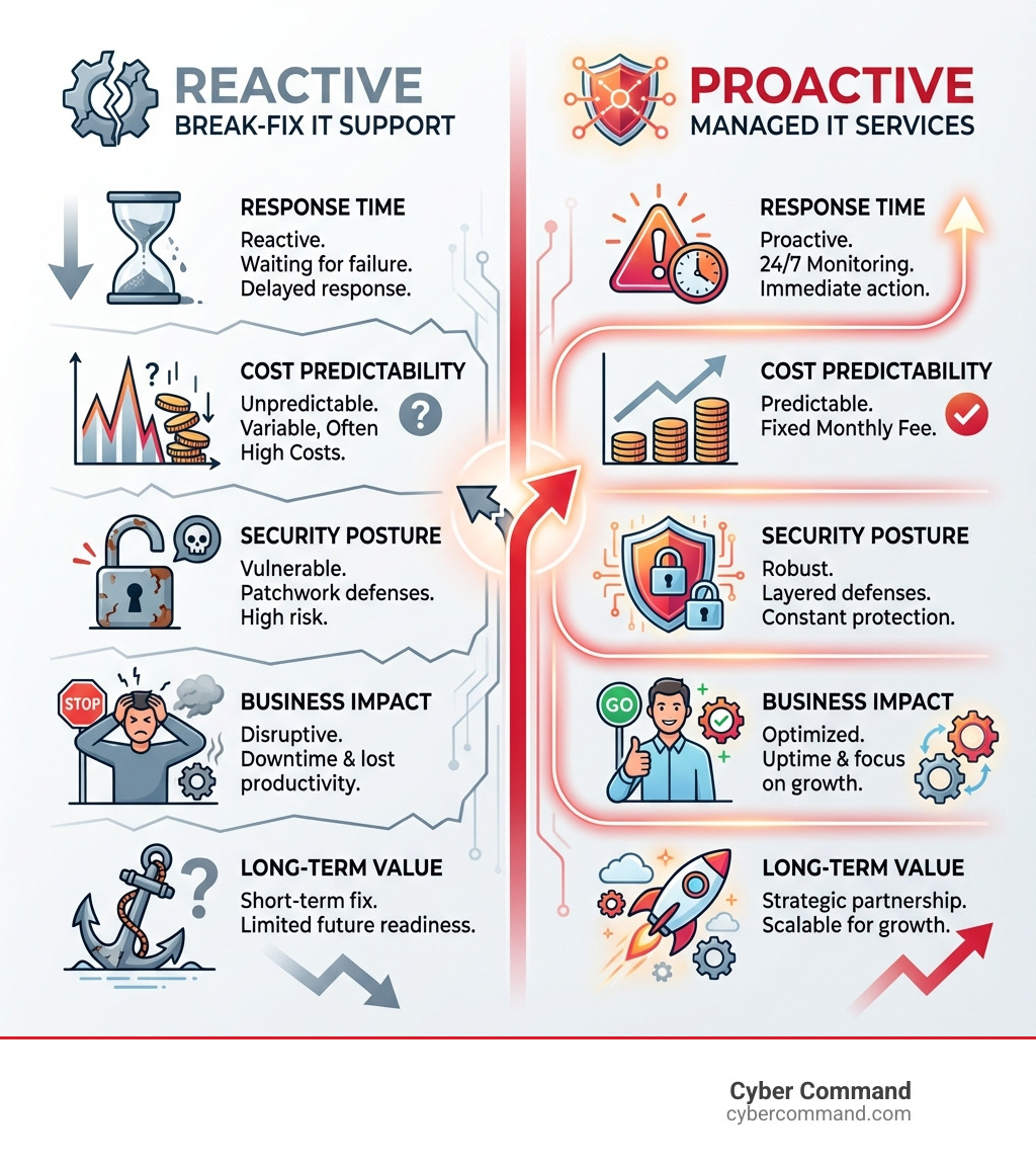 Infographic comparing reactive break-fix IT support versus proactive managed IT services, showing key differences in response time, cost predictability, security posture, business impact, and long-term value - it managed services orlando infographic 
