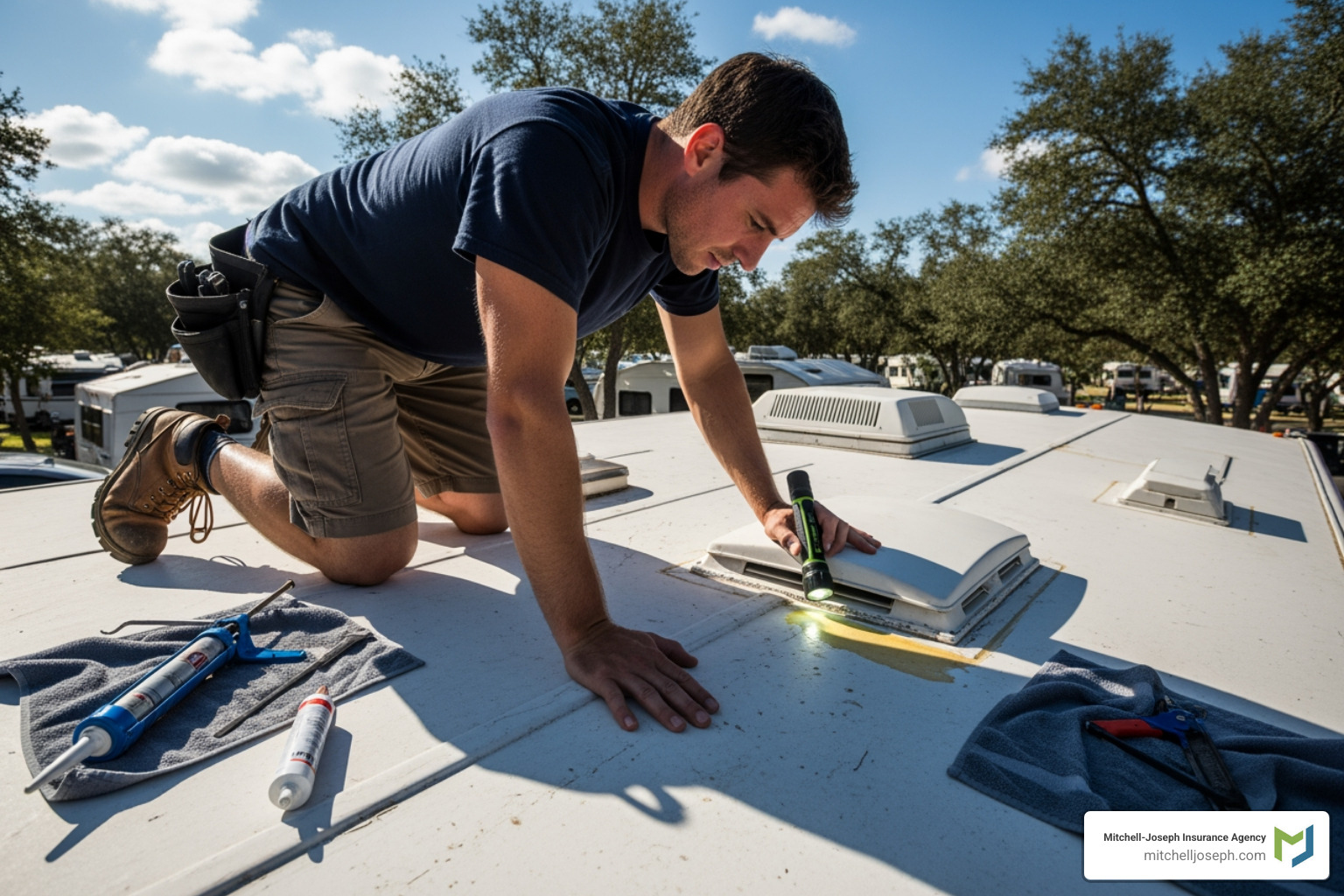 person inspecting RV roof for leaks - cheap rv homes for sale