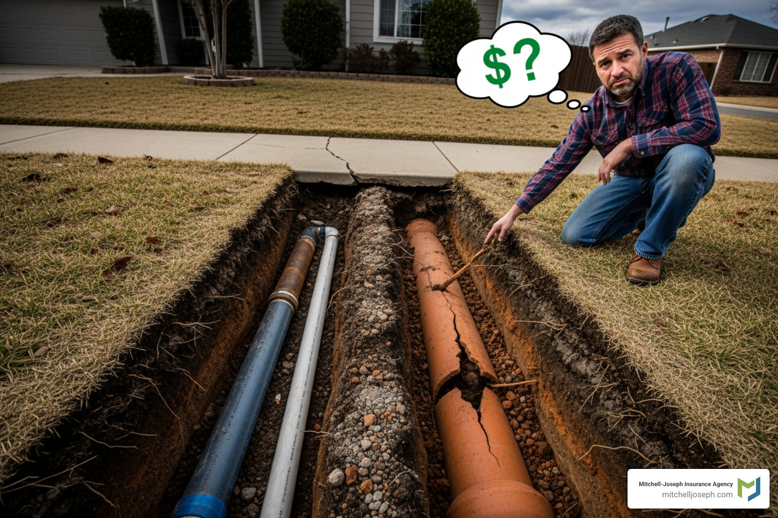 Diagram showing various causes of underground pipe damage like tree roots, corrosion, ground shifting, and freezing. - is exterior water and sewer line insurance worth it Diagram showing various causes of underground pipe damage like tree roots, corrosion, ground shifting, and freezing. - is exterior water and sewer line insurance worth it