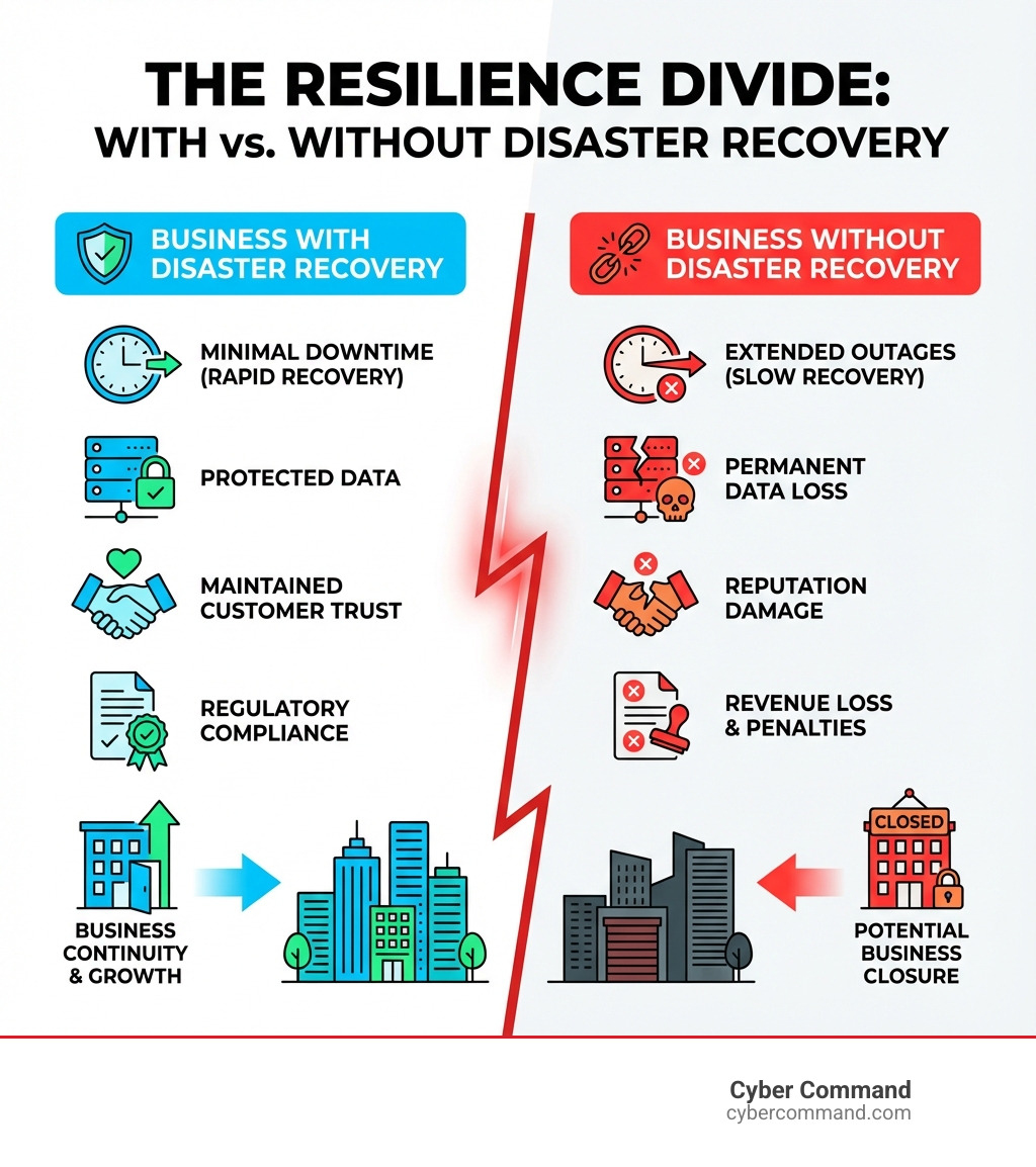 Infographic comparing a business with disaster recovery versus without: With DR shows minimal downtime, rapid recovery, protected data, maintained customer trust, and regulatory compliance; Without DR shows extended outages, permanent data loss, revenue loss, reputation damage, and potential business closure - disaster recovery solutions infographic 