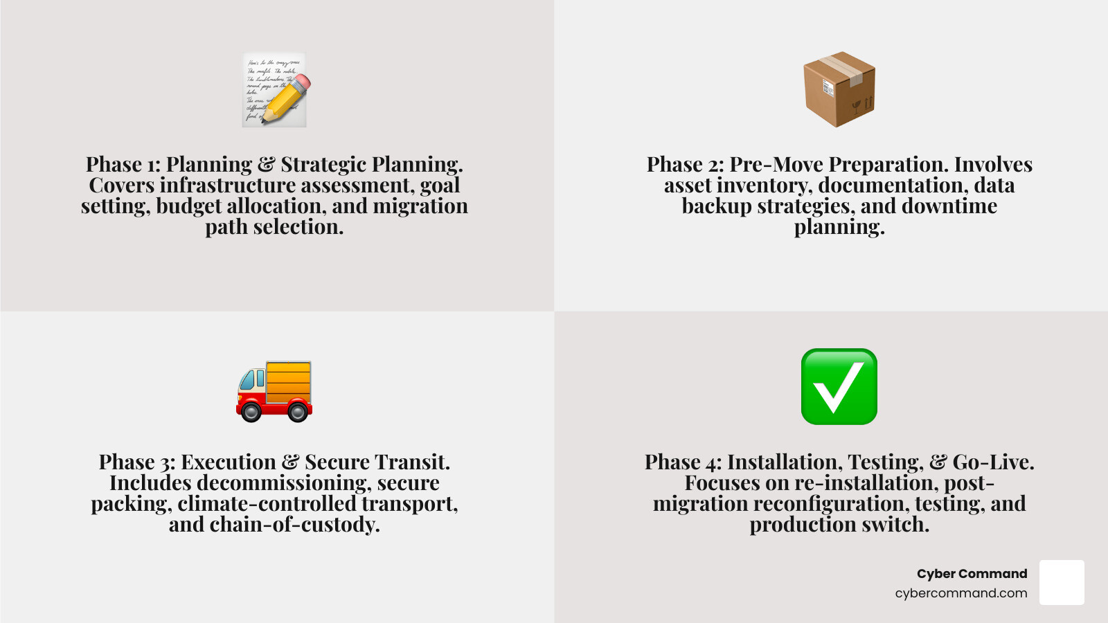 Infographic showing the 4 key phases of data center relocation: Phase 1 - Planning and Strategic Planning (infrastructure assessment, goal setting, budget allocation, migration path selection), Phase 2 - Pre-Move Preparation (asset inventory, documentation, data backup, downtime planning), Phase 3 - Execution and Secure Transit (decommissioning, secure packing, climate-controlled transport, chain-of-custody), Phase 4 - Installation, Testing, and Go-Live (re-installation, post-migration reconfiguration, testing and validation, switching to production) - data center relocation infographic 4_facts_emoji_grey