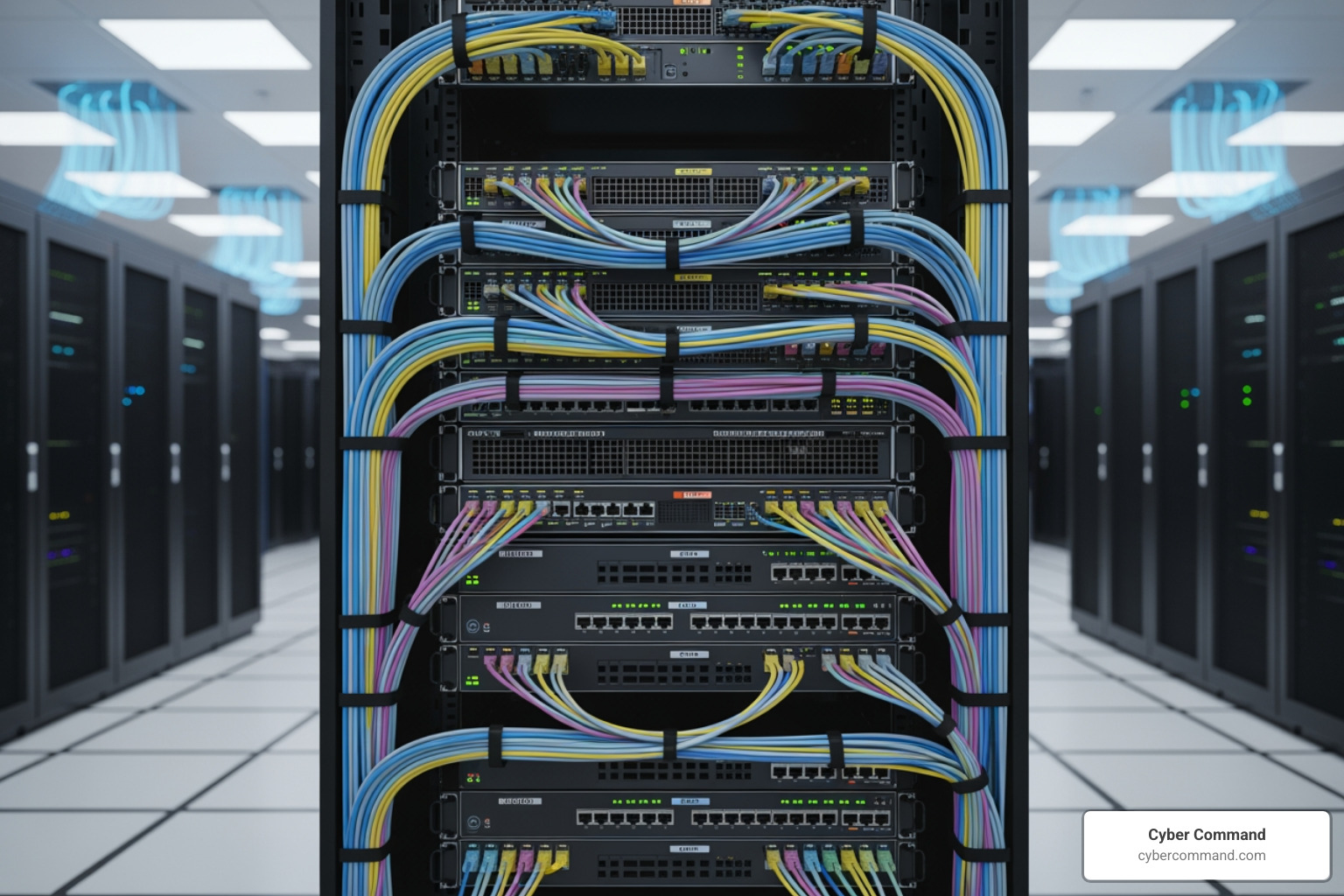 a server rack with detailed, color-coded labels on servers and cables - data center relocation