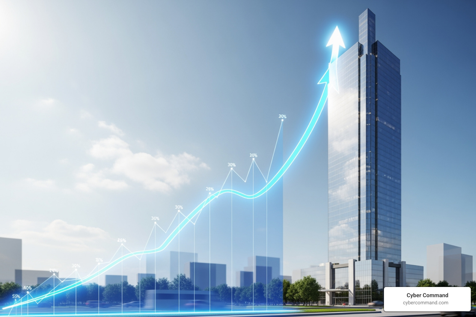 a business growth chart pointing towards a new, modern building - data center relocation