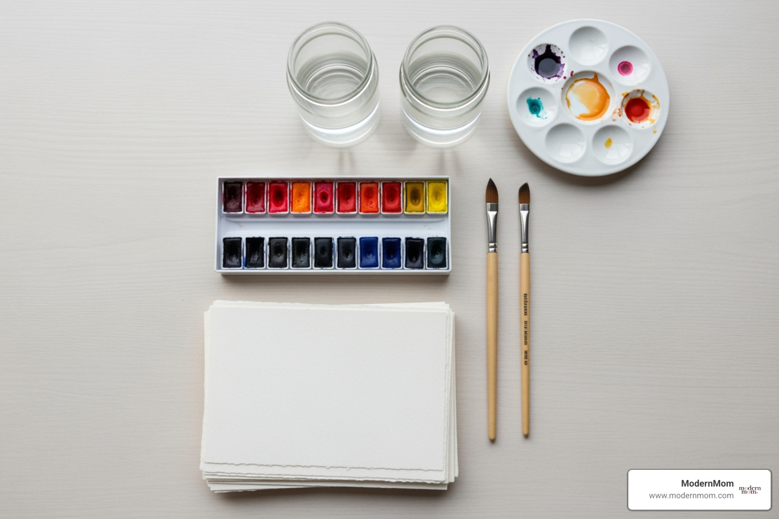 A minimalist flat-lay of beginner watercolor supplies including a pan set of paints, a couple of brushes, watercolor paper, two water jars, and a small mixing palette on a wooden surface. - watercolor painting projects