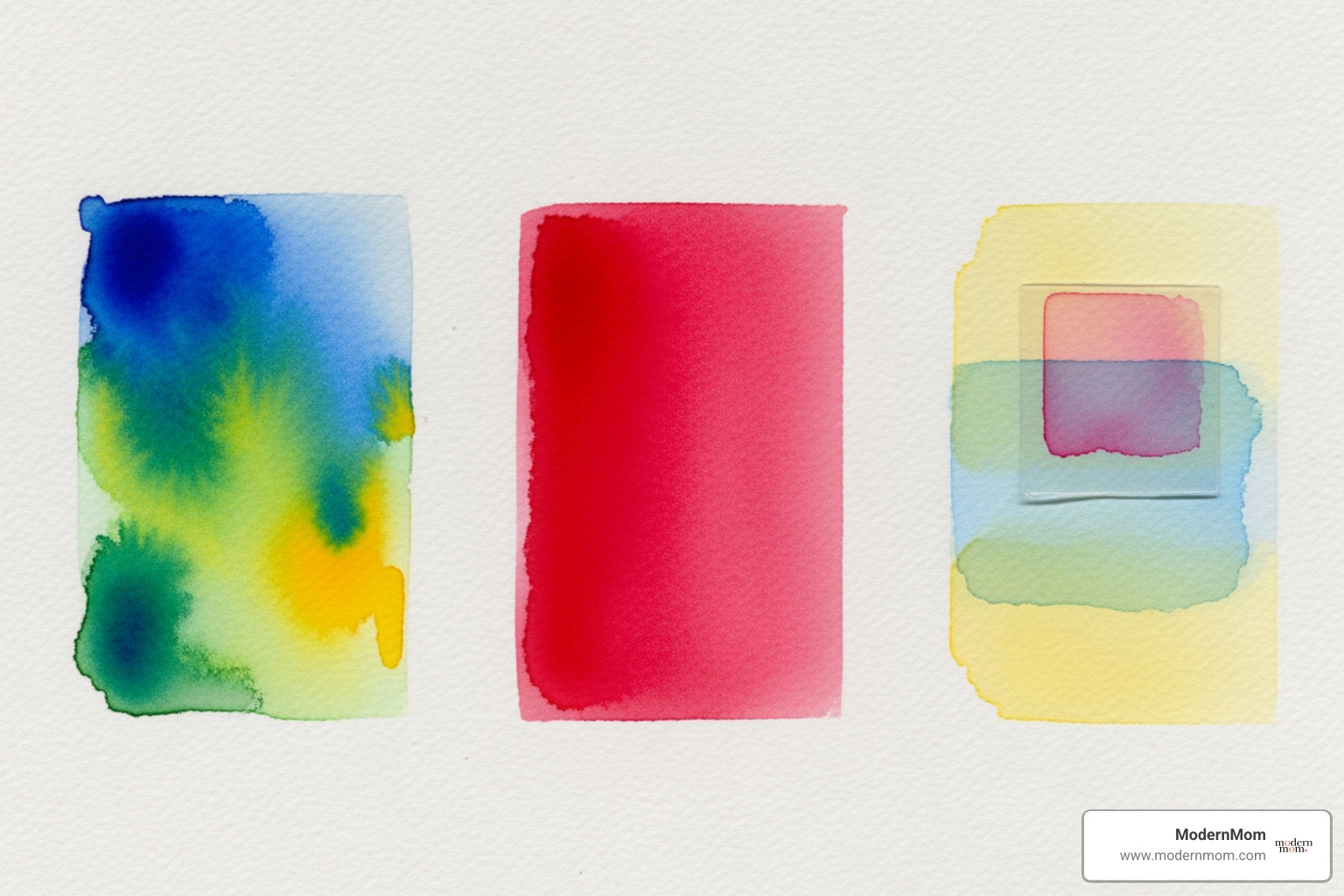 A side-by-side comparison of wet-on-wet technique showing colors bleeding, wet-on-dry technique showing crisp edges, and layering/glazing technique showing transparent colors built up. - watercolor painting projects