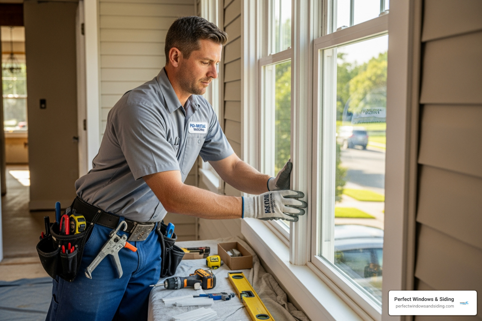 Professional window installer carefully fitting a new window - window installation chicago