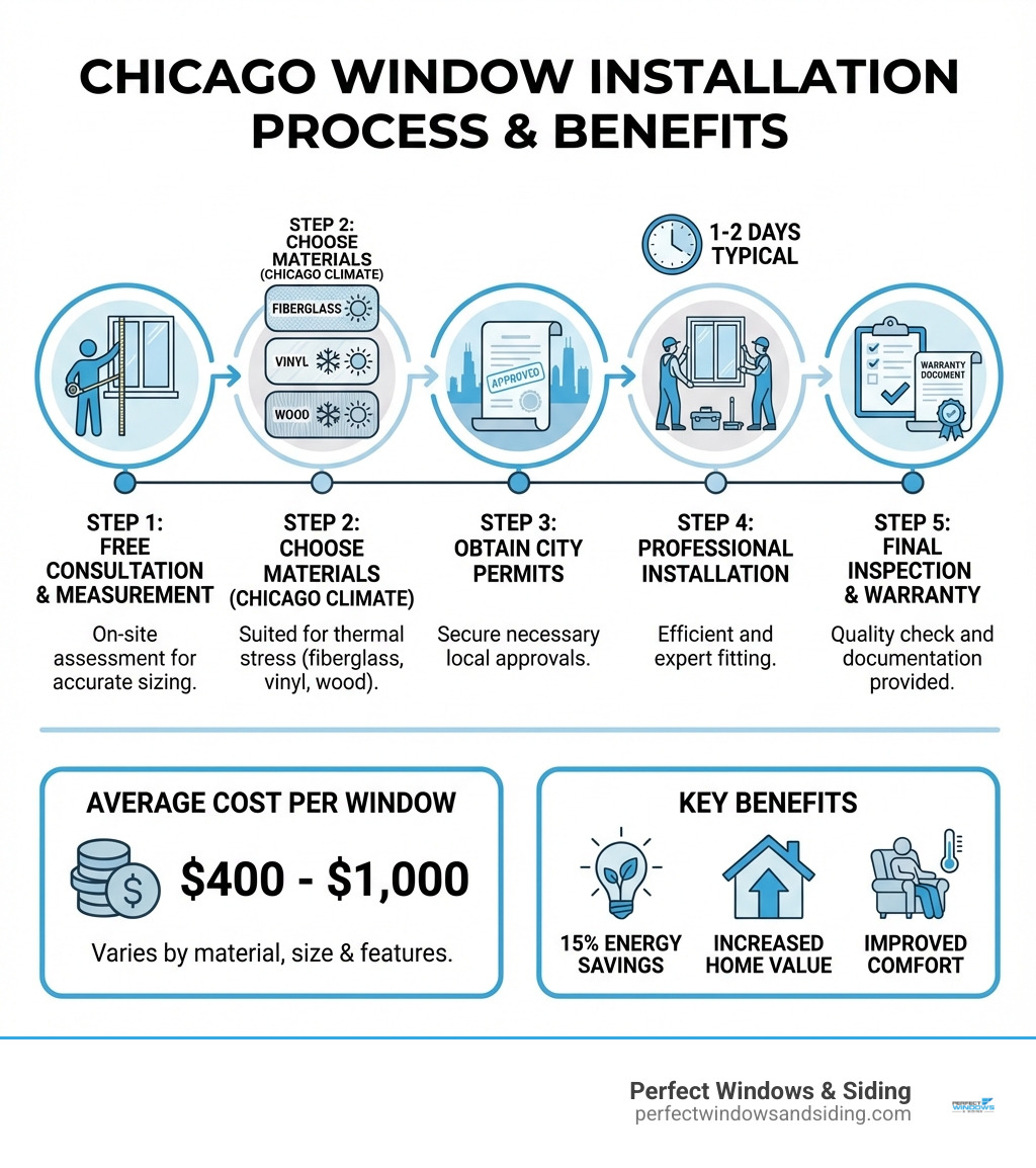 Infographic showing the window installation process in Chicago: Step 1 - Consultation and measurement, Step 2 - Choose materials suited for Chicago climate (fiberglass, vinyl, or wood), Step 3 - Obtain necessary city permits, Step 4 - Professional installation (1-2 days typical), Step 5 - Final inspection and warranty documentation. Includes average costs ($400-$1000 per window) and key benefits (15% energy savings, increased home value, improved comfort) - window installation chicago infographic 