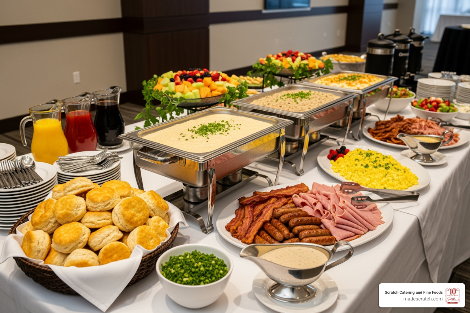 Southern-style breakfast buffet with grits and biscuits - business breakfast catering