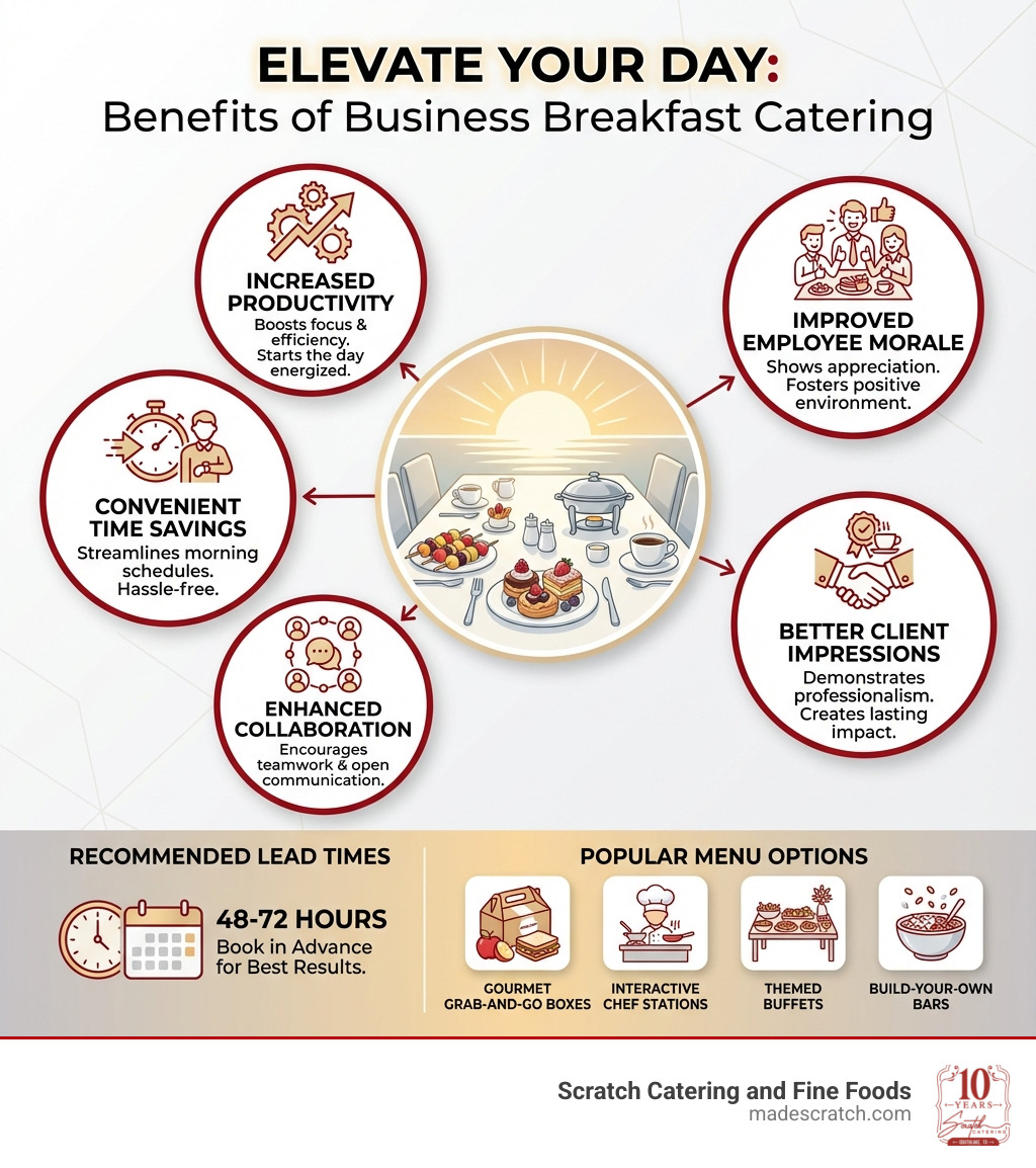 infographic showing benefits of business breakfast catering including increased productivity, improved employee morale, better client impressions, enhanced collaboration, and convenient time savings with recommended lead times and popular menu options - business breakfast catering infographic 