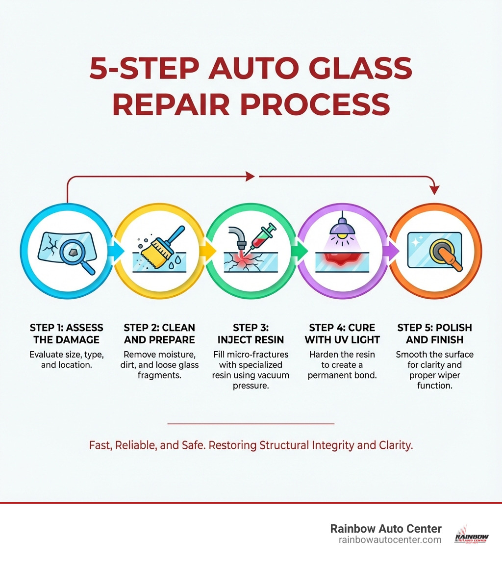 Infographic showing the 5-step auto glass repair process: Step 1 - Assess the damage for size type and location, Step 2 - Clean and prepare the damaged area removing debris and moisture, Step 3 - Inject specialized resin into micro-fractures using vacuum pressure, Step 4 - Cure the resin with UV light to harden and bond, Step 5 - Polish the surface to restore clarity and smoothness - how does auto glass repair work infographic 