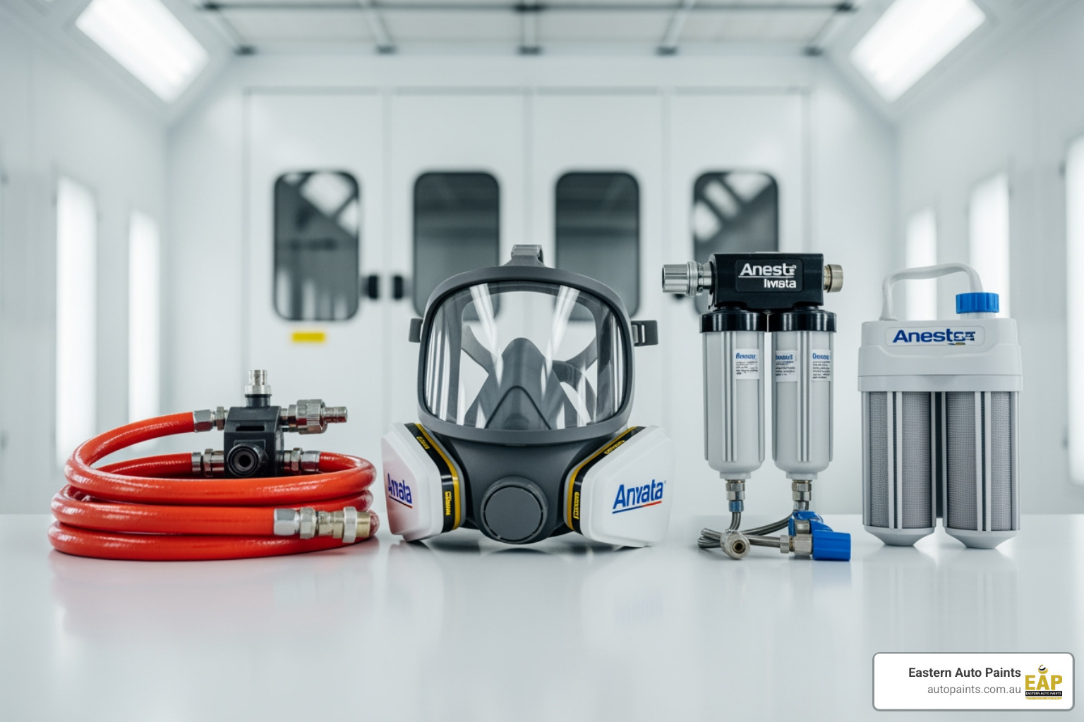 Sundstrom SR 100 filter pack showcasing filter types, representing a standard respirator alternative to a full positive-pressure airfed mask.