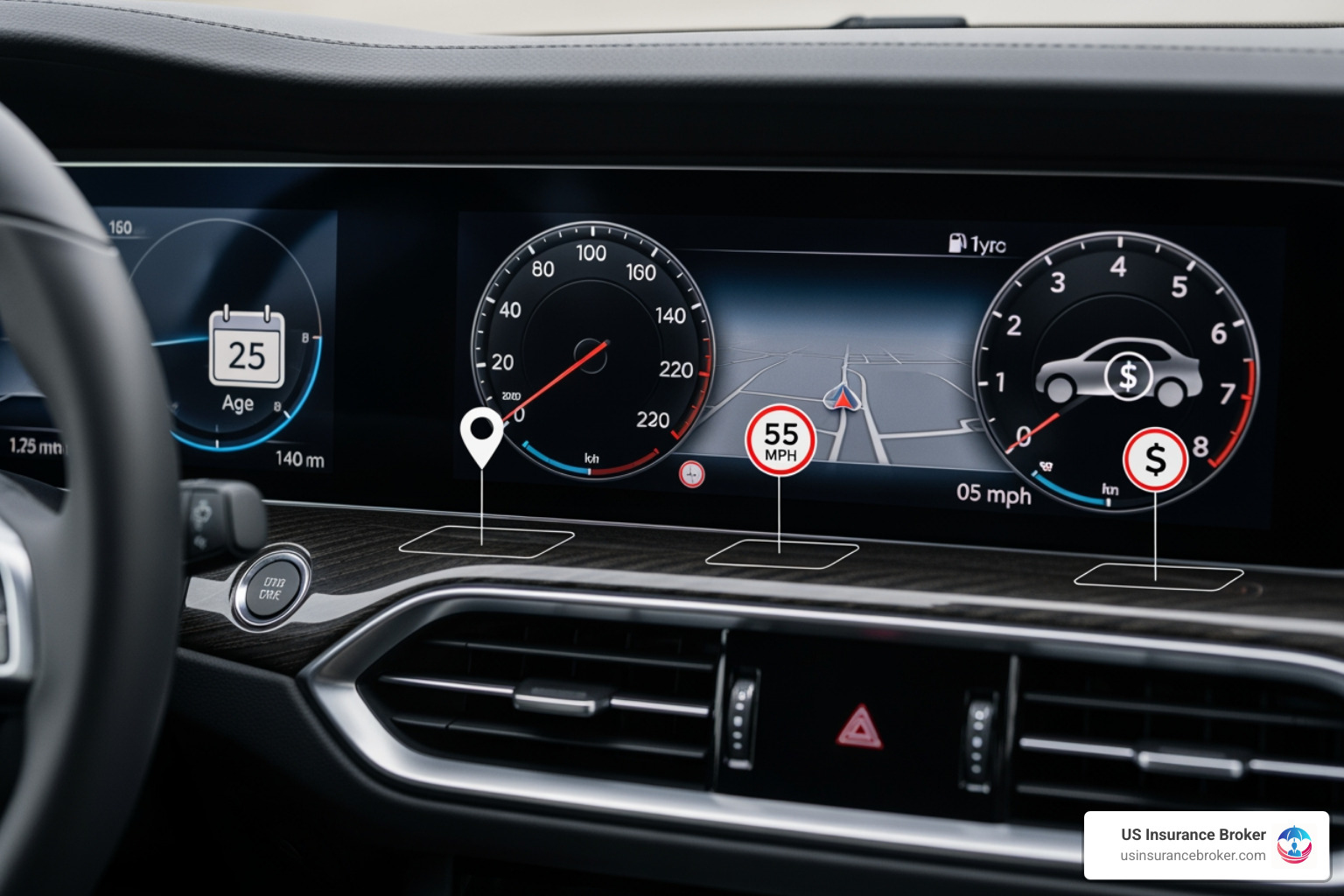 car dashboard with icons representing different rating factors - auto insurance zephyrhills