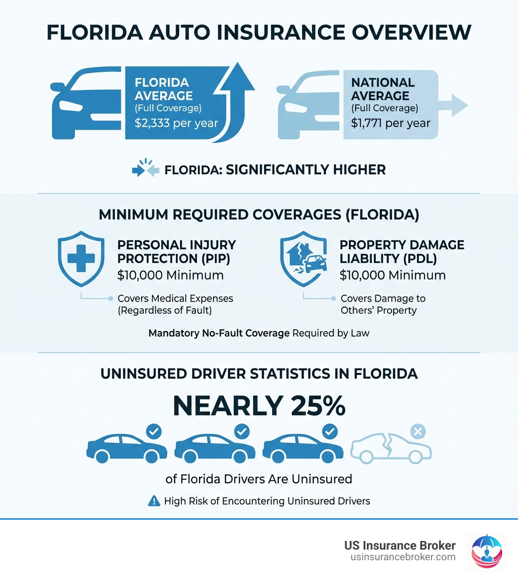 infographic showing Florida average car insurance cost of $2,333 per year for full coverage compared to national average of $1,771, with breakdown of minimum required coverages including $10,000 PIP and $10,000 PDL, and statistics showing nearly 25% of Florida drivers are uninsured - auto insurance zephyrhills infographic 