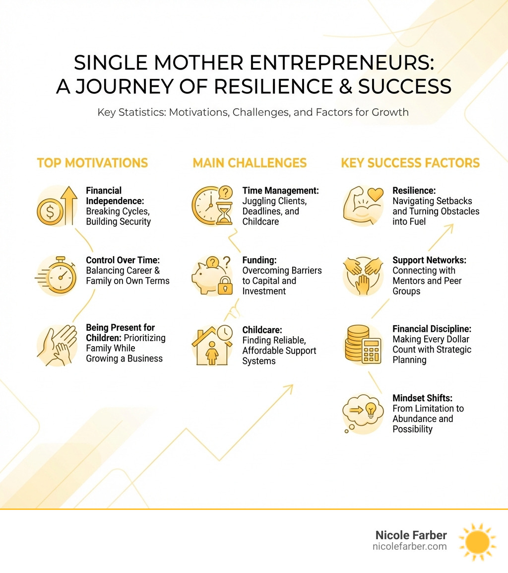 infographic showing key statistics about single mother entrepreneurs including top motivations financial independence control over time being present for children main challenges time management funding childcare and key success factors resilience support networks financial discipline and mindset shifts - single mother entrepreneurs infographic 