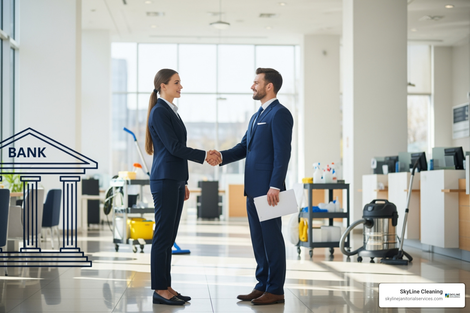 cleaning professional's ID badge and uniform - how to get bank cleaning contracts