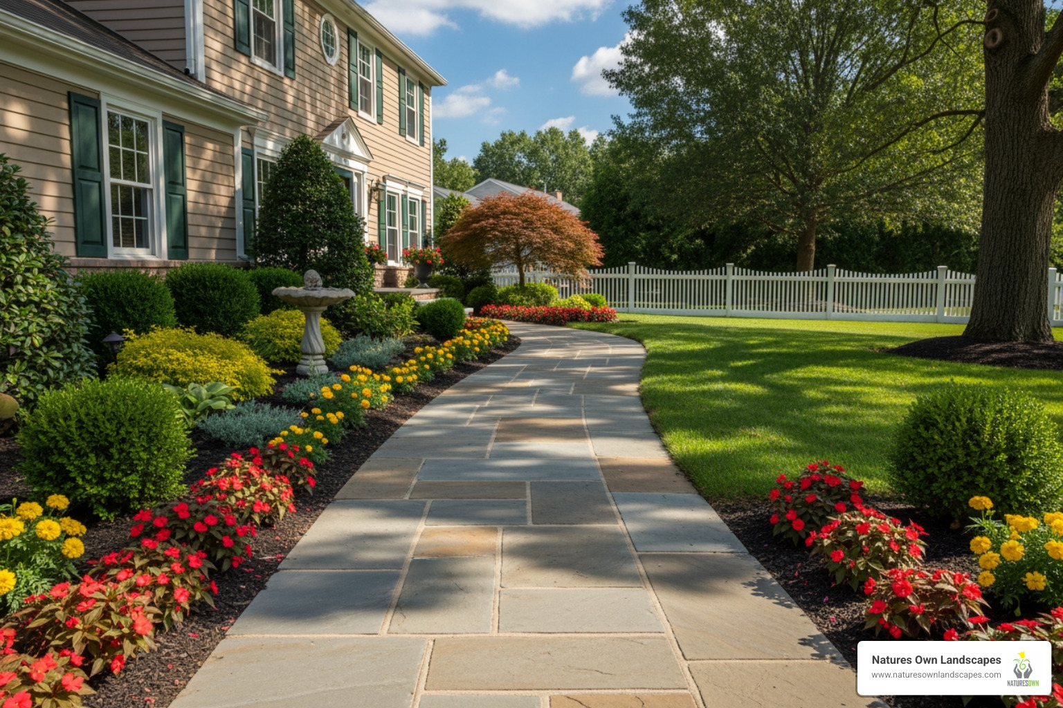 an neat flagstone walkway leading to a front door - Hardscaping