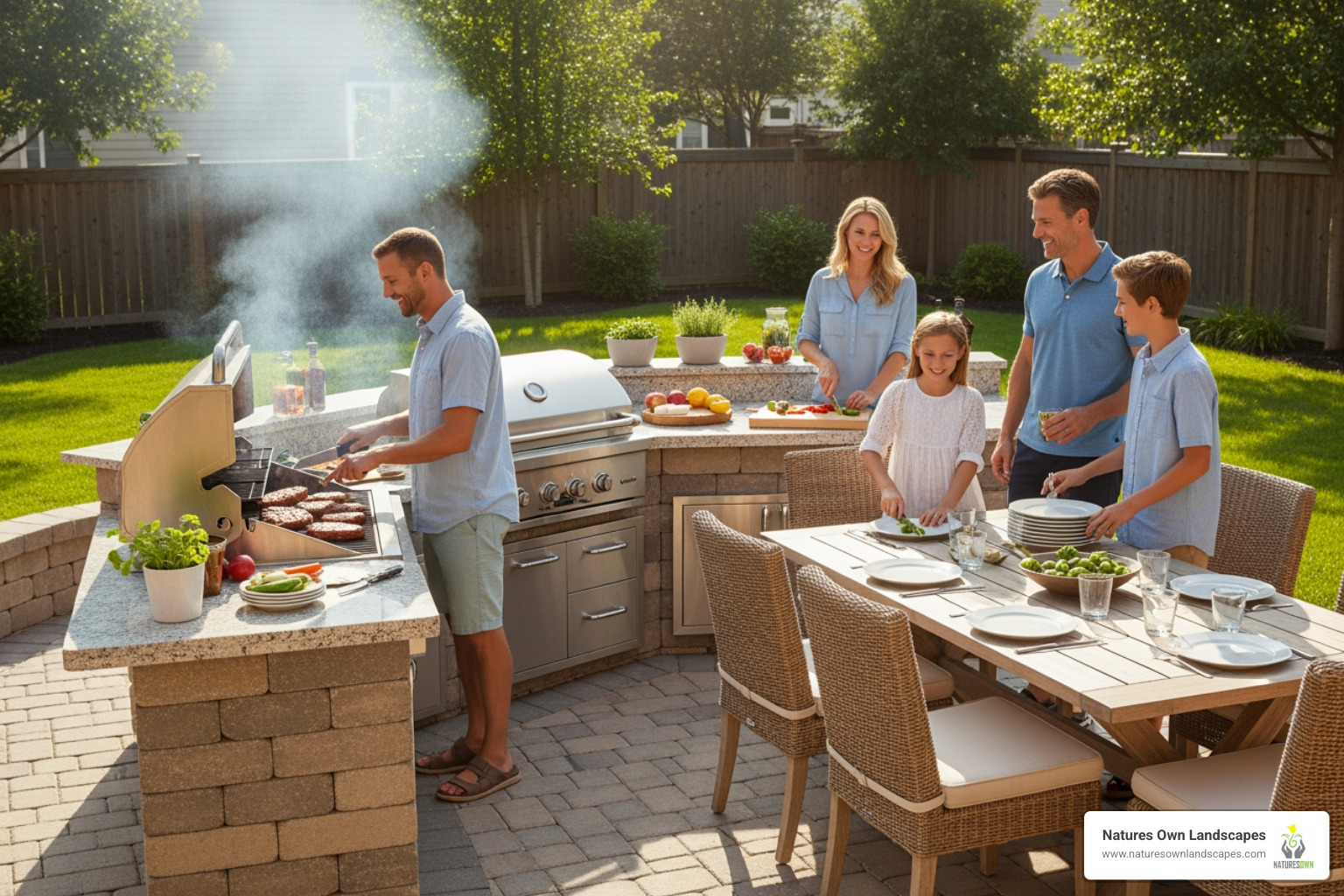 a family enjoying a functional outdoor kitchen on a paver patio - Hardscaping