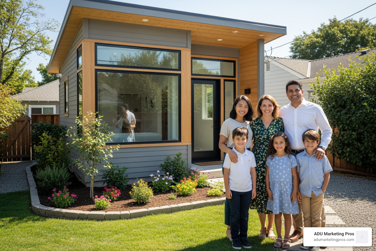 family in front of new ADU - ADU Builders Bay Area family in front of new ADU - ADU Builders Bay Area