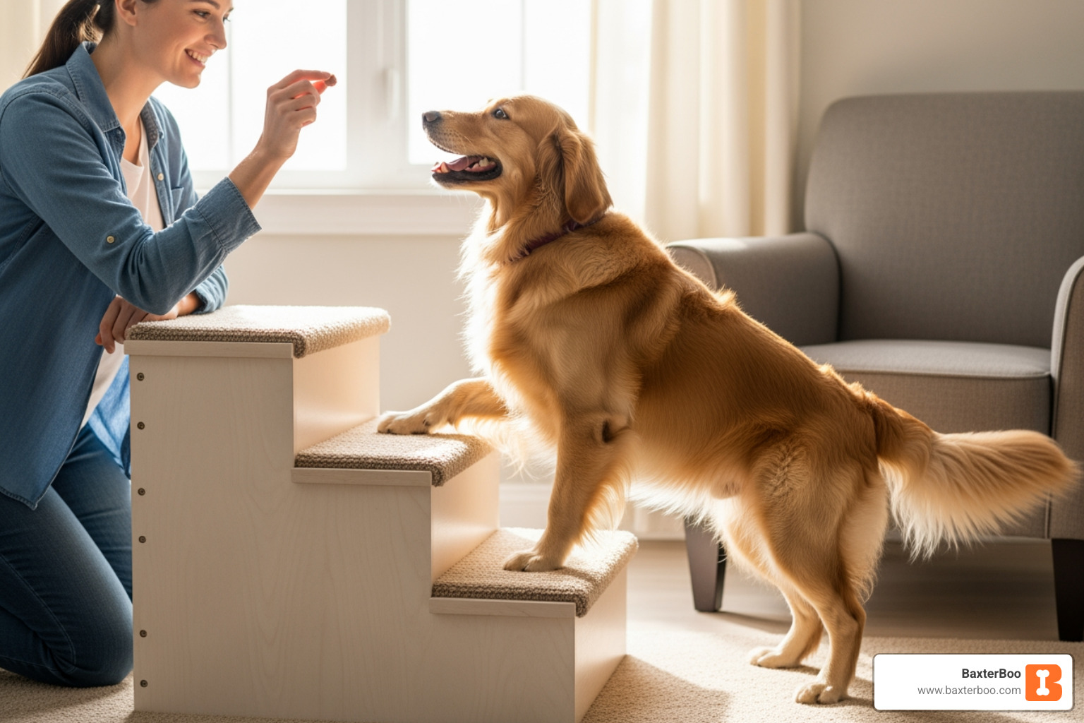 Person using a treat to encourage a dog up a set of pet stairs - dog ramps and stairs