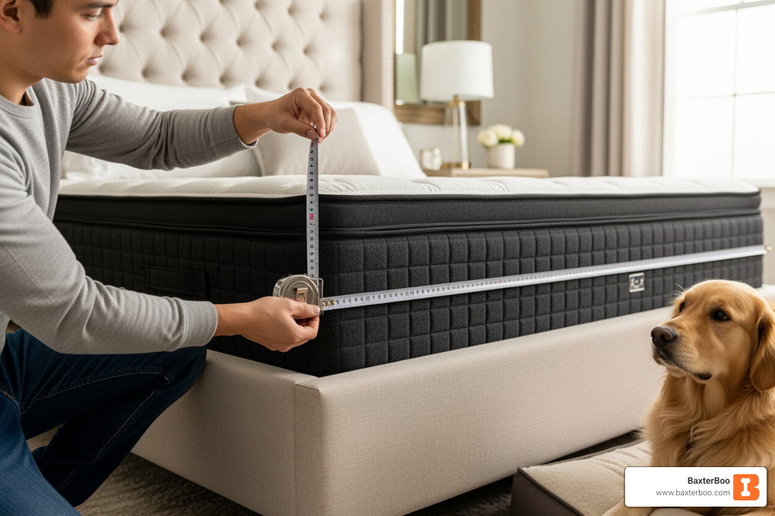 Person measuring the height of a bed to select the right size ramp - dog ramps and stairs