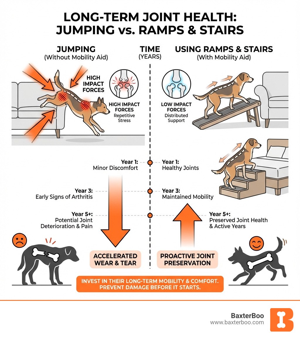 Infographic comparing long-term joint stress from jumping versus using dog ramps and stairs, showing impact forces on hips and spine, with arrows indicating pressure points and a timeline of potential joint deterioration over years versus joint preservation with mobility aids - dog ramps and stairs infographic 