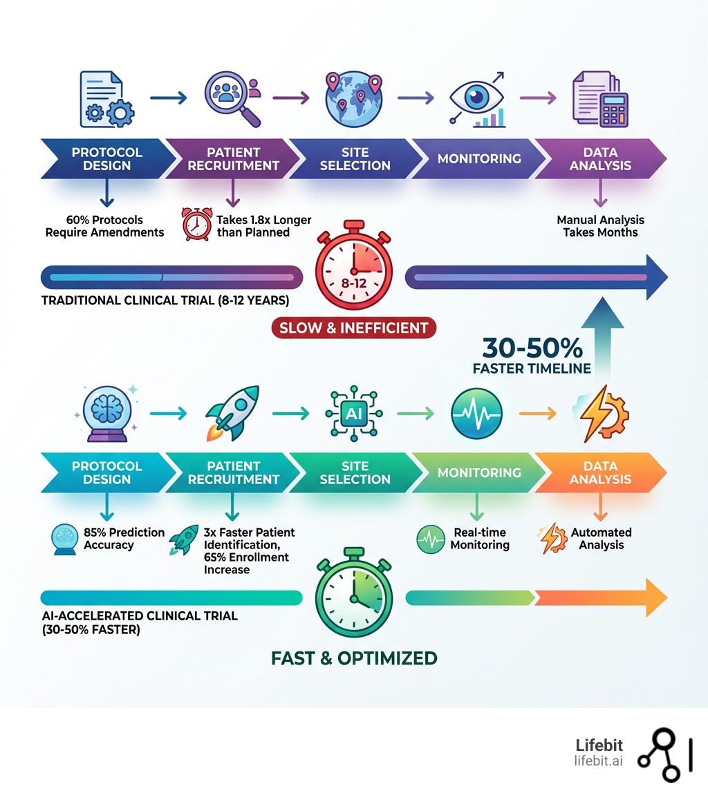 Infographic comparing traditional clinical trial timeline (8-12 years) versus AI-accelerated timeline (30-50% faster), with key stages including protocol design, patient recruitment, site selection, monitoring, and data analysis. Shows traditional bottlenecks: patient recruitment taking 1.8x longer than planned, 60% protocols requiring amendments, manual data analysis taking months. AI improvements: 65% enrollment increase, 3x faster patient identification, 85% prediction accuracy, real-time monitoring, automated analysis. - ai clinical trial optimization infographic 