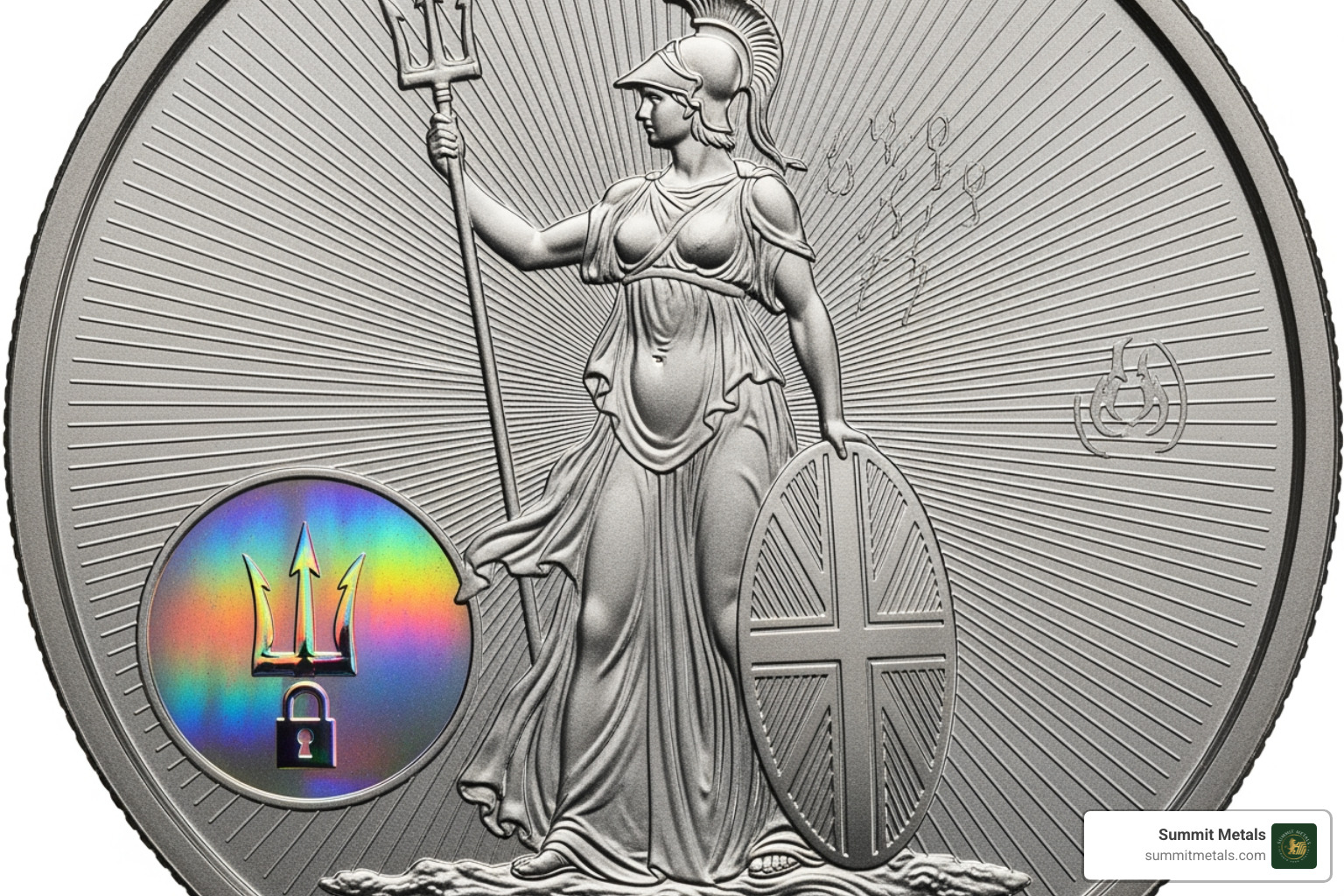 diagram highlighting the four security features on the 2026 Platinum Britannia coin's reverse - platinum britannia 2026