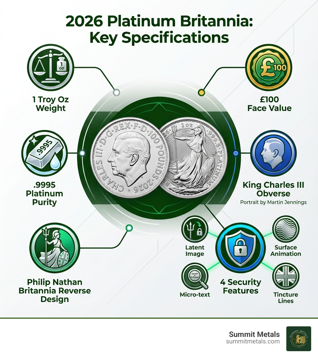 Infographic showing the key specifications of the 2026 Platinum Britannia: 1 Troy Oz weight, .9995 platinum purity, £100 face value, King Charles III obverse portrait by Martin Jennings, Philip Nathan Britannia reverse design, and four security features including latent image, surface animation, micro-text, and tincture lines - platinum britannia 2026 infographic 
